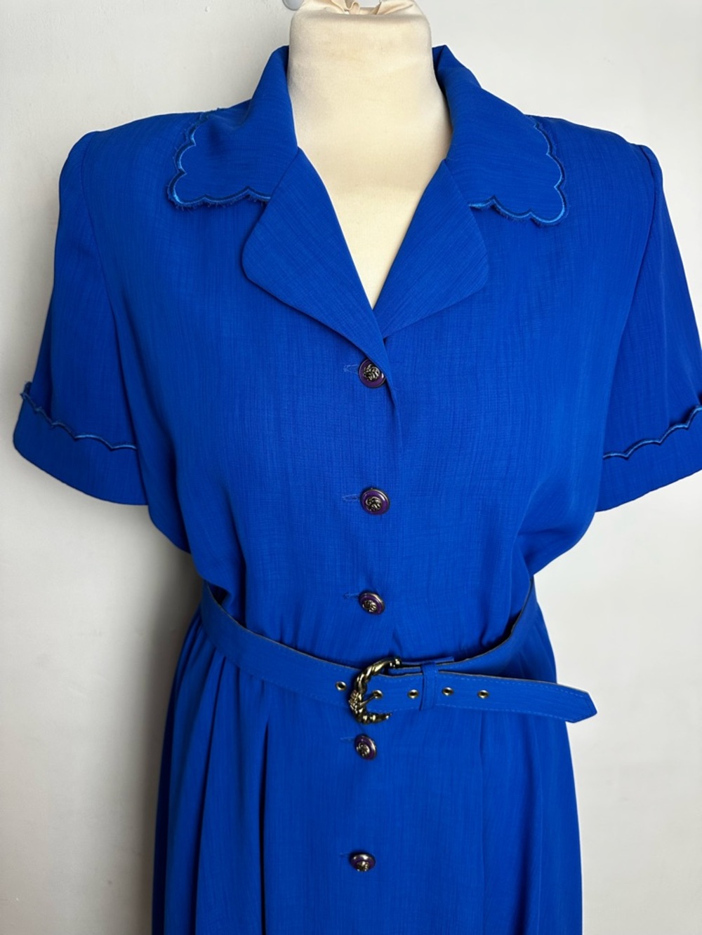 Vintage 80s Leslie Fay Blue Midi Dress with Belt Women's Size 10 Petite Stretch - Picture 2 of 12